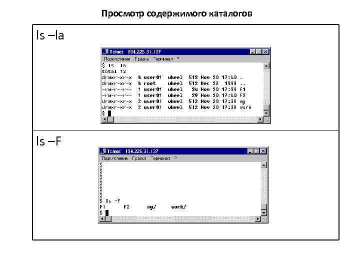 Просмотр содержимого каталогов ls –la ls –F 