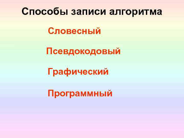 Способы записи алгоритма Словесный Псевдокодовый Графический Программный 