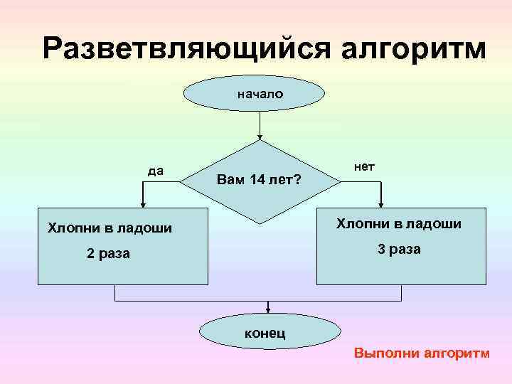 Разветвляющийся алгоритм начало да Вам 14 лет? нет Хлопни в ладоши 2 раза 3