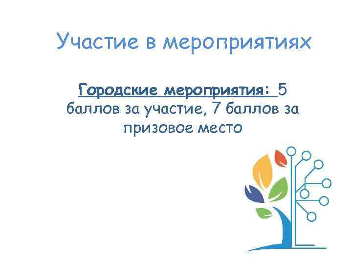 Участие в мероприятиях Городские мероприятия: 5 баллов за участие, 7 баллов за призовое место