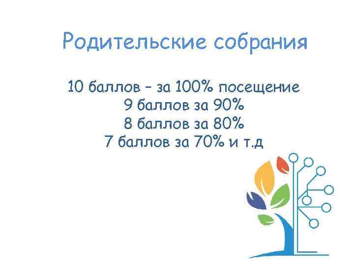 Родительские собрания 10 баллов – за 100% посещение 9 баллов за 90% 8 баллов