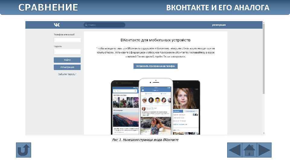 СРАВНЕНИЕ ВКОНТАКТЕ И ЕГО АНАЛОГА Рис. 1. Нынешняя страница входа ВКонтакте 