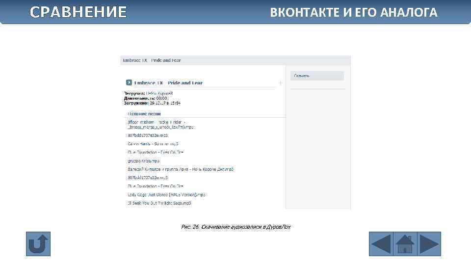 СРАВНЕНИЕ ВКОНТАКТЕ И ЕГО АНАЛОГА Рис. 26. Скачивание аудиозаписи в Дуров. Лох 