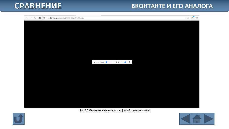 СРАВНЕНИЕ ВКОНТАКТЕ И ЕГО АНАЛОГА Рис. 27. Скачивание аудиозаписи в Дуров. Лох (см. на