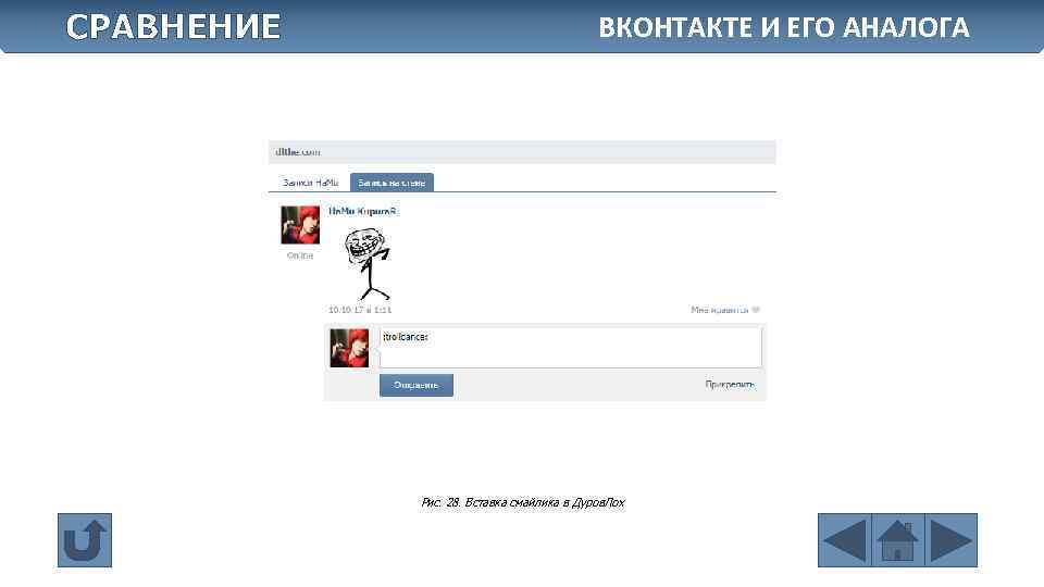 СРАВНЕНИЕ ВКОНТАКТЕ И ЕГО АНАЛОГА Рис. 28. Вставка смайлика в Дуров. Лох 