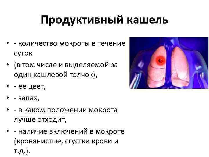 Продуктивный кашель • - количество мокроты в течение суток • (в том числе и