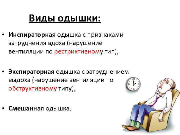 Виды одышки: • Инспираторная одышка с признаками затруднения вдоха (нарушение вентиляции по рестриктивному тип),