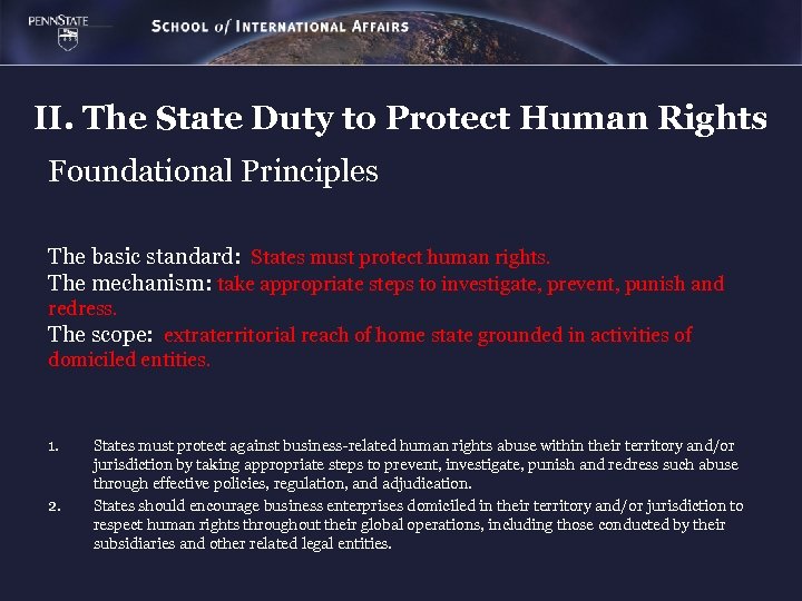 II. The State Duty to Protect Human Rights Foundational Principles The basic standard: States