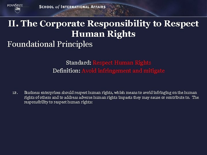II. The Corporate Responsibility to Respect Human Rights Foundational Principles Standard: Respect Human Rights