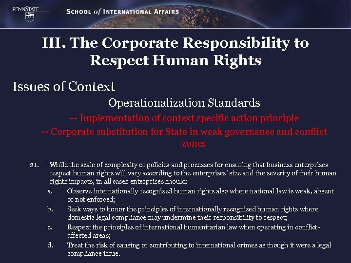 III. The Corporate Responsibility to Respect Human Rights Issues of Context Operationalization Standards --