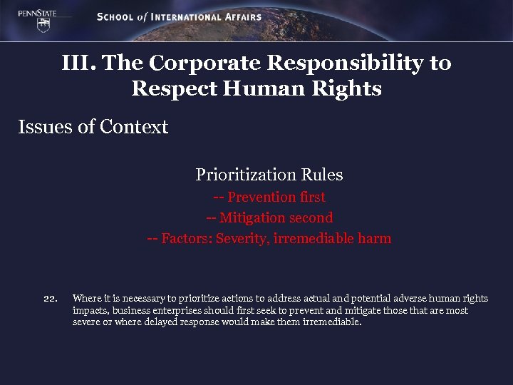 III. The Corporate Responsibility to Respect Human Rights Issues of Context Prioritization Rules --