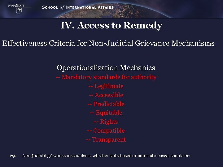 IV. Access to Remedy Effectiveness Criteria for Non-Judicial Grievance Mechanisms Operationalization Mechanics -- Mandatory