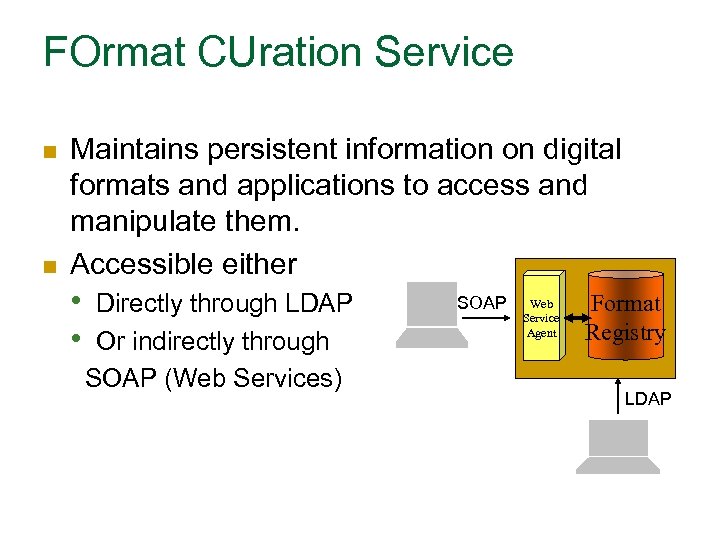 FOrmat CUration Service n n Maintains persistent information on digital formats and applications to