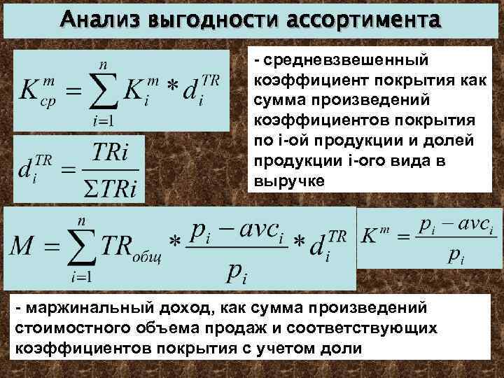 Анализ выгодности ассортимента - средневзвешенный коэффициент покрытия как сумма произведений коэффициентов покрытия по i-ой