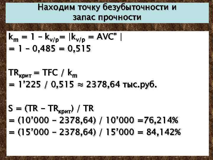 Находим точку безубыточности и запас прочности km = 1 – kv/p= |kv/p = AVC”