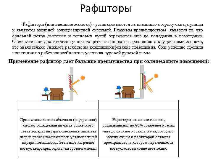 Рафшторы (или внешние жалюзи) - устанавливаются на внешнюю сторону окна, с улицы и являются