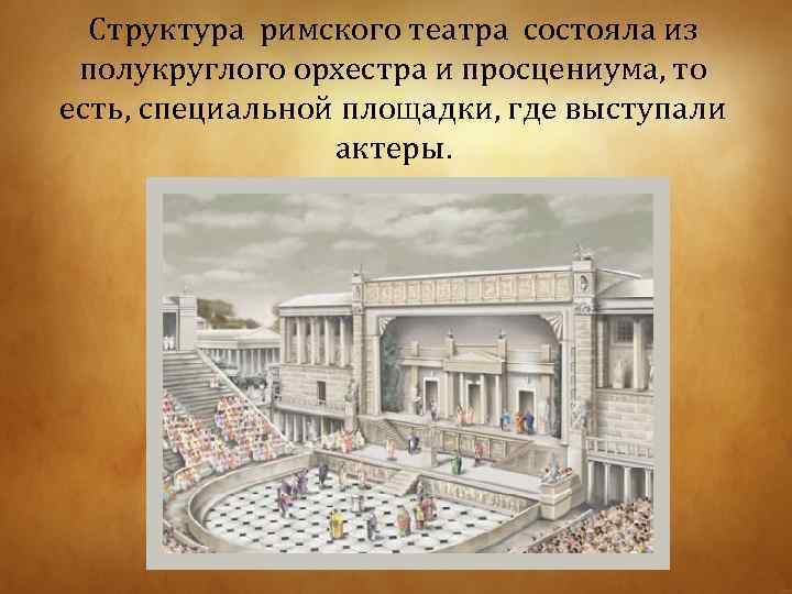 Структура римского театра состояла из полукруглого орхестра и просцениума, то есть, специальной площадки, где