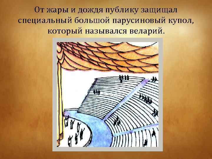 От жары и дождя публику защищал специальный большой парусиновый купол, который назывался веларий. 