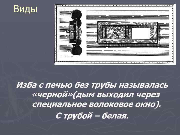 Виды Изба с печью без трубы называлась «черной» (дым выходил через специальное волоковое окно).