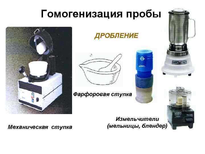 Гомогенизация пробы ДРОБЛЕНИЕ Фарфоровая ступка Механическая ступка Измельчители (мельницы, блендер) 