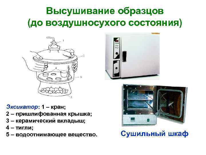 Высушивание образцов (до воздушносухого состояния) Эксикатор: 1 – кран; 2 – пришлифованная крышка; 3