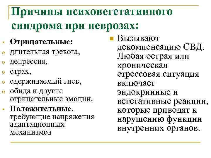 Причины психовегетативного синдрома при неврозах: § o o o § Отрицательные: длительная тревога, депрессия,