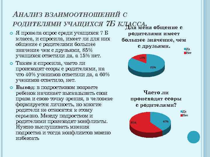 АНАЛИЗ ВЗАИМООТНОШЕНИЙ С РОДИТЕЛЯМИ УЧАЩИХСЯ 7 Б КЛАССА. общение с Для меня Я провела