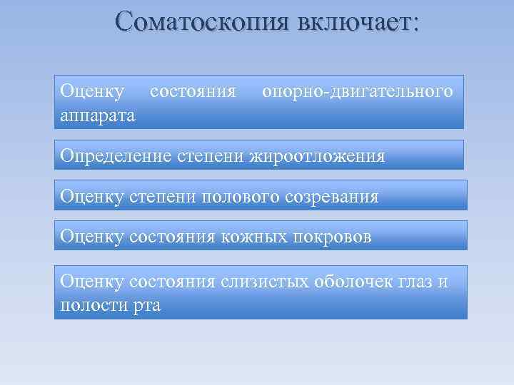 Соматоскопия включает: Оценку состояния аппарата опорно-двигательного Определение степени жироотложения Оценку степени полового созревания Оценку