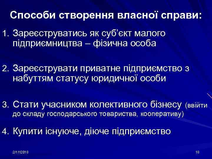 Способи створення власної справи: 1. Зареєструватись як суб’єкт малого підприємництва – фізична особа 2.