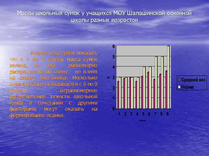 Массы школьных сумок у учащихся МОУ Шалашинской основной школы разных возрастов Анализ веса сумок