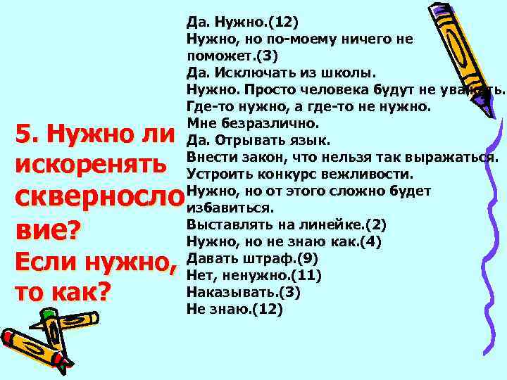 5. Нужно ли искоренять скверносло вие? Если нужно, то как? Да. Нужно. (12) Нужно,