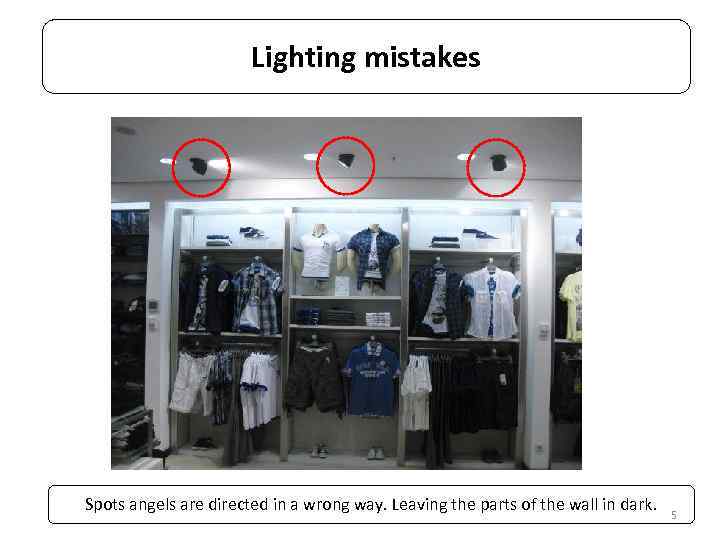 Lighting mistakes Spots angels are directed in a wrong way. Leaving the parts of