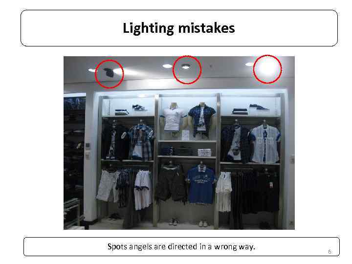 Lighting mistakes Spots angels are directed in a wrong way. 6 