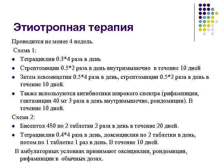 Этиотропная терапия Проводится не менее 4 недель. Схема 1: l Тетрациклин 0. 3*4 раза