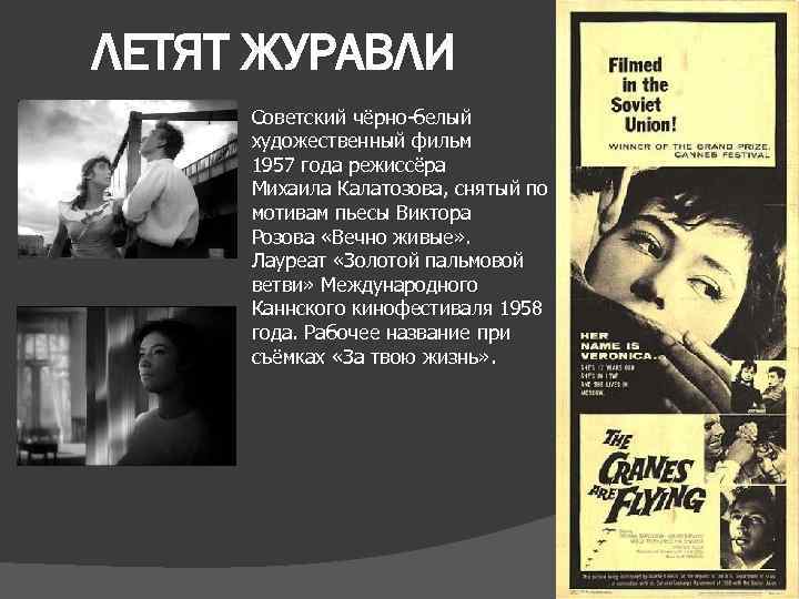 ЛЕТЯТ ЖУРАВЛИ Советский чёрно-белый художественный фильм 1957 года режиссёра Михаила Калатозова, снятый по мотивам