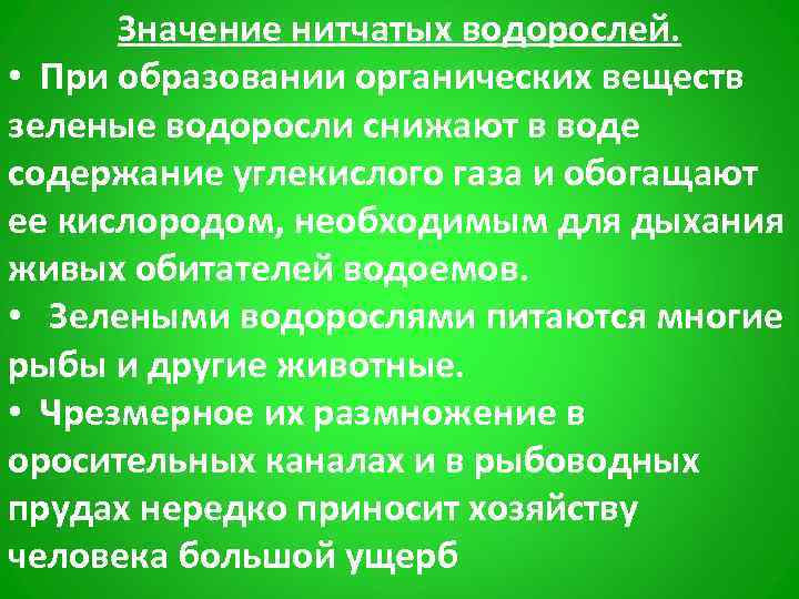 Значение нитчатых водорослей. • При образовании органических веществ зеленые водоросли снижают в воде содержание