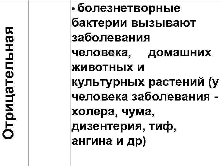 Отрицательная • болезнетворные бактерии вызывают заболевания человека, домашних животных и культурных растений (у человека