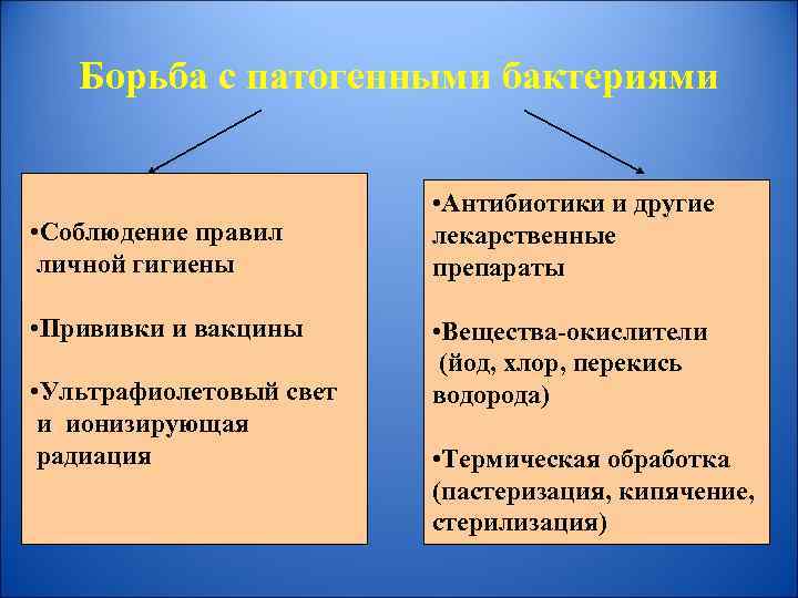 Борьба с патогенными бактериями • Соблюдение правил личной гигиены • Прививки и вакцины •