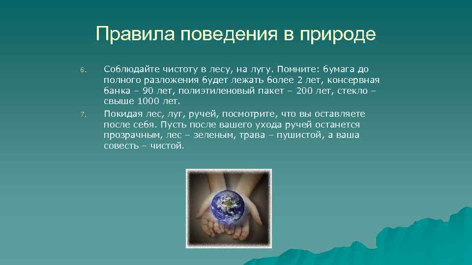 Правила поведения в природе 6. 7. Соблюдайте чистоту в лесу, на лугу. Помните: бумага