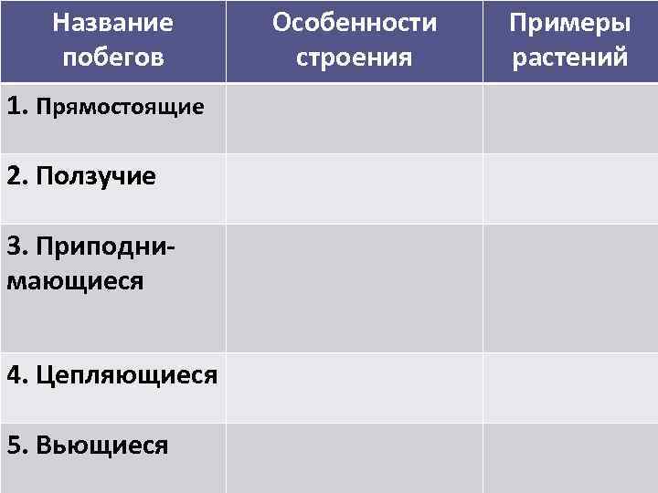 Название побегов 1. Прямостоящие 2. Ползучие 3. Приподнимающиеся 4. Цепляющиеся 5. Вьющиеся Особенности строения
