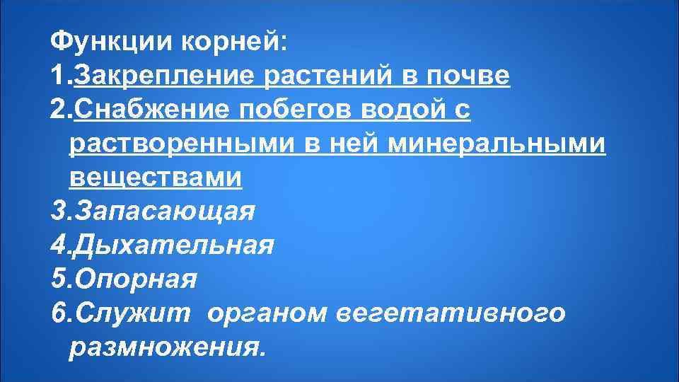 Функции корней: 1. Закрепление растений в почве 2. Снабжение побегов водой с растворенными в