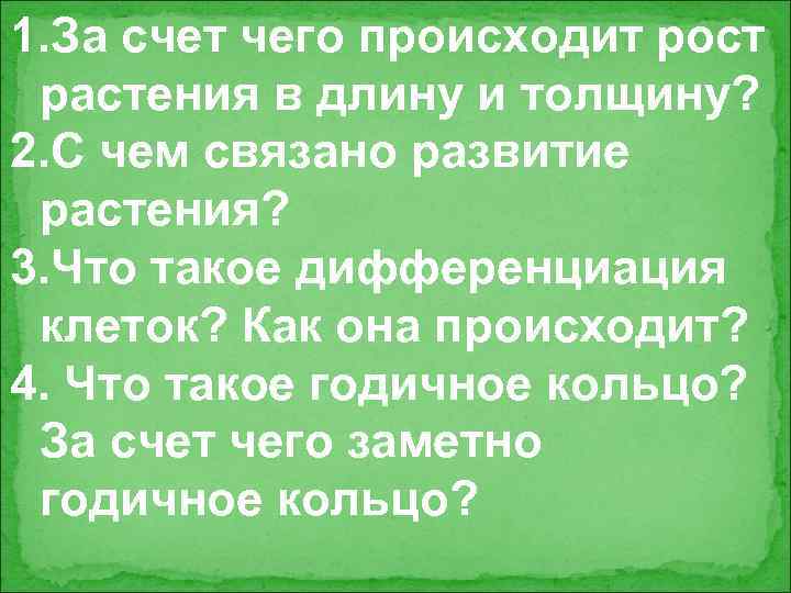 1. За счет чего происходит рост растения в длину и толщину? 2. С чем