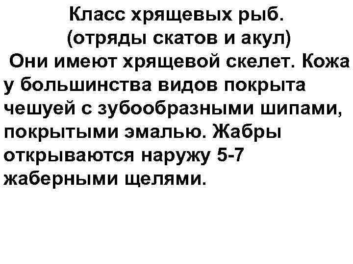 Класс хрящевых рыб. (отряды скатов и акул) Они имеют хрящевой скелет. Кожа у большинства