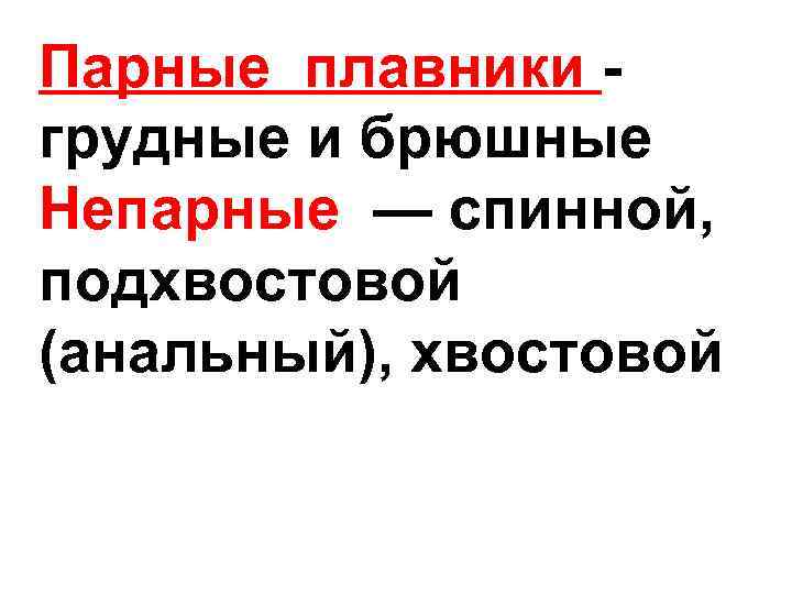 Парные плавники грудные и брюшные Непарные — спинной, подхвостовой (анальный), хвостовой 