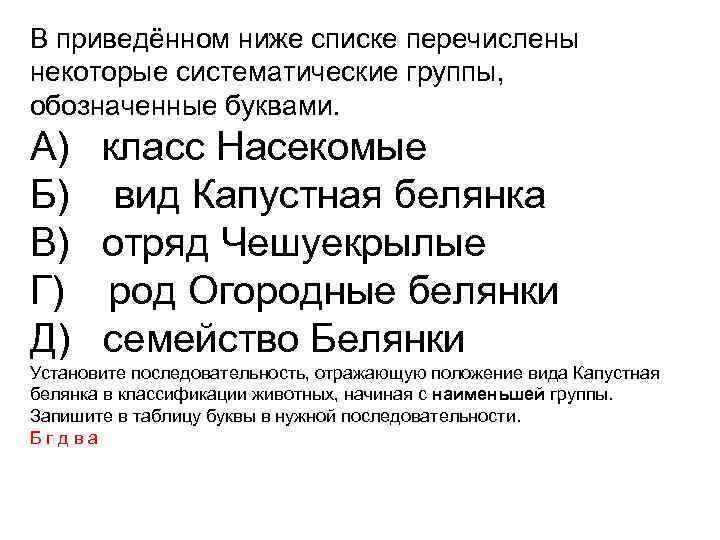 В приведённом ниже списке перечислены некоторые систематические группы, обозначенные буквами. A) Б) B) Г)