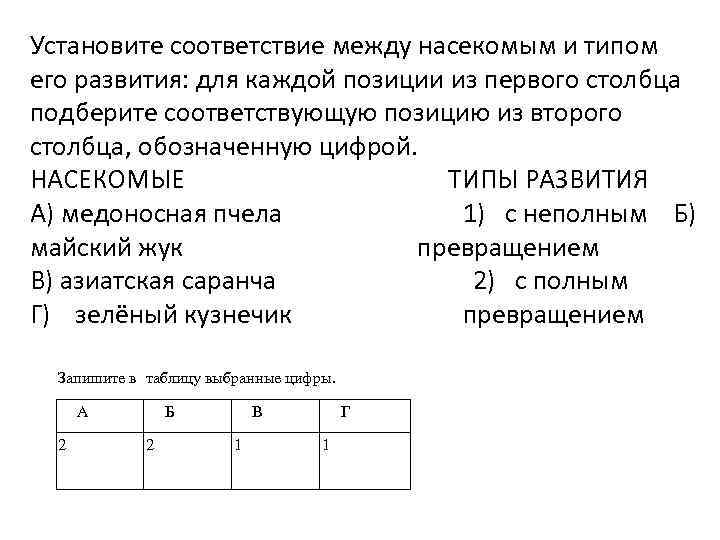 Установите соответствие между насекомым и типом его развития: для каждой позиции из первого столбца