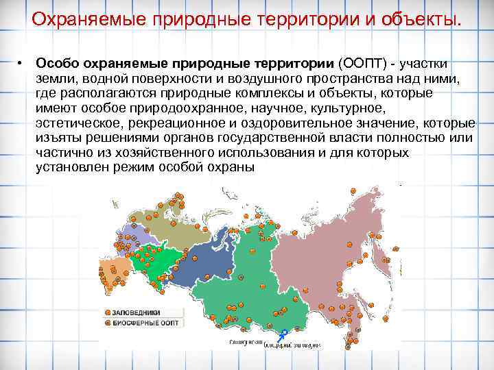 Охраняемые природные территории и объекты. • Особо охраняемые природные территории (ООПТ) - участки земли,