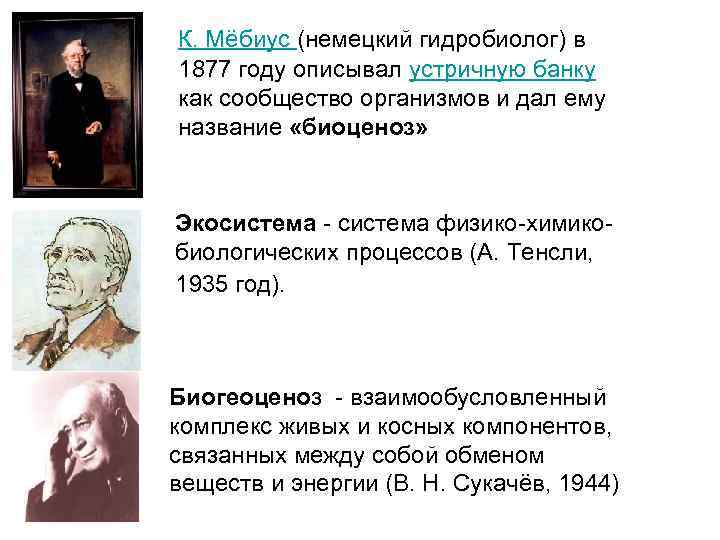 К. Мёбиус (немецкий гидробиолог) в 1877 году описывал устричную банку как сообщество организмов и