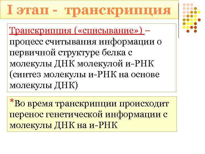 I этап - транскрипция Транскрипция ( «списывание» ) – процесс считывания информации о первичной