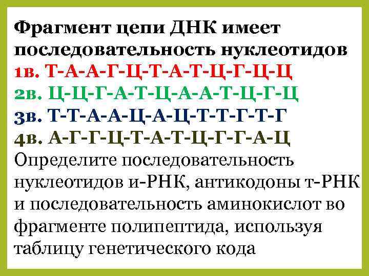 Фрагмент цепи ДНК имеет последовательность нуклеотидов 1 в. Т-А-А-Г-Ц-Т-А-Т-Ц-Г-Ц-Ц 2 в. Ц-Ц-Г-А-Т-Ц-А-А-Т-Ц-Г-Ц 3 в.